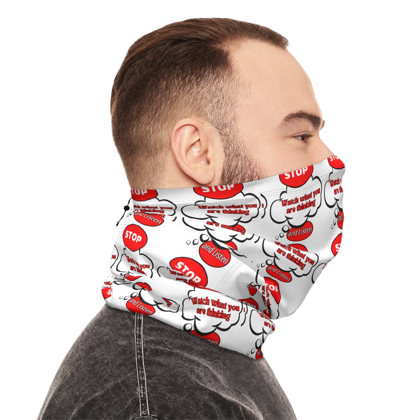 Fun Winter Neck Gaiter with Drawstring - 'Stop' Pattern for Warmth and Style