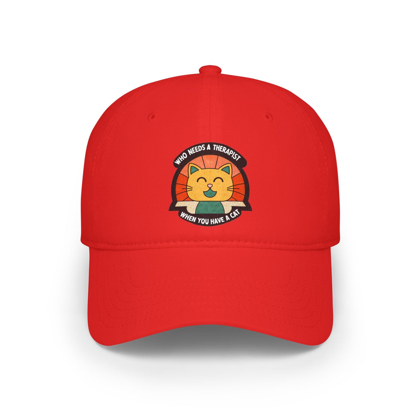 Who Needs a Therapist Cat Baseball Cap | Fun Red Low Profile Hat