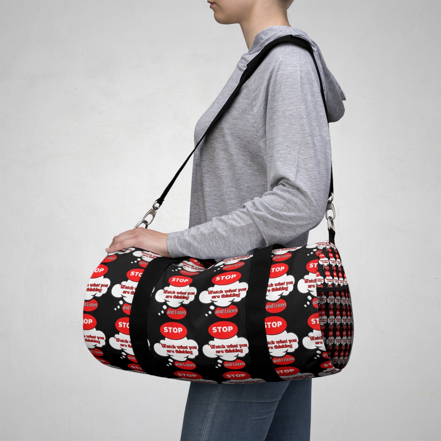 Motivational Duffel Bag - "Stop and Listen" Gym Bag with Graphic Design