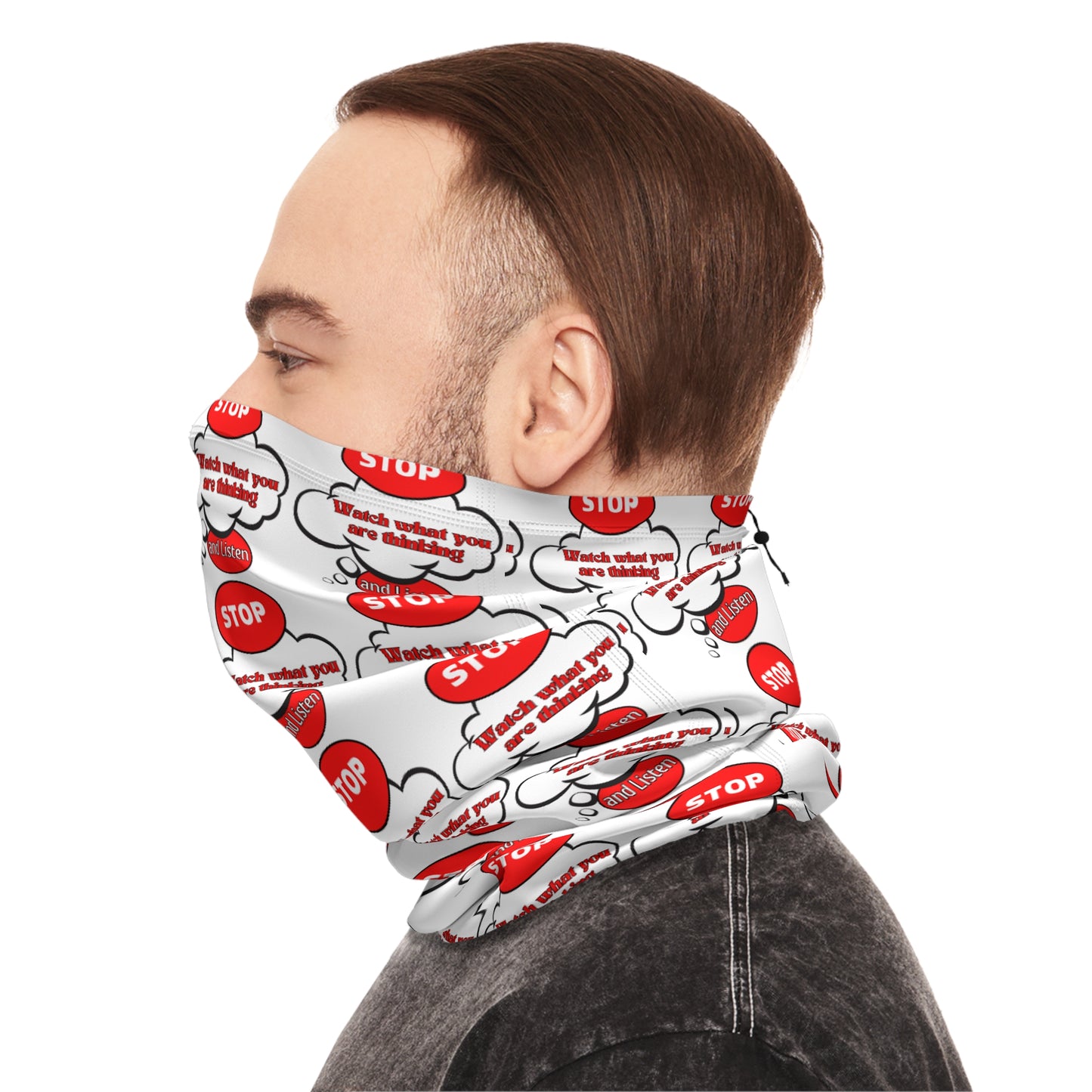 Fun Winter Neck Gaiter with Drawstring - 'Stop' Pattern for Warmth and Style