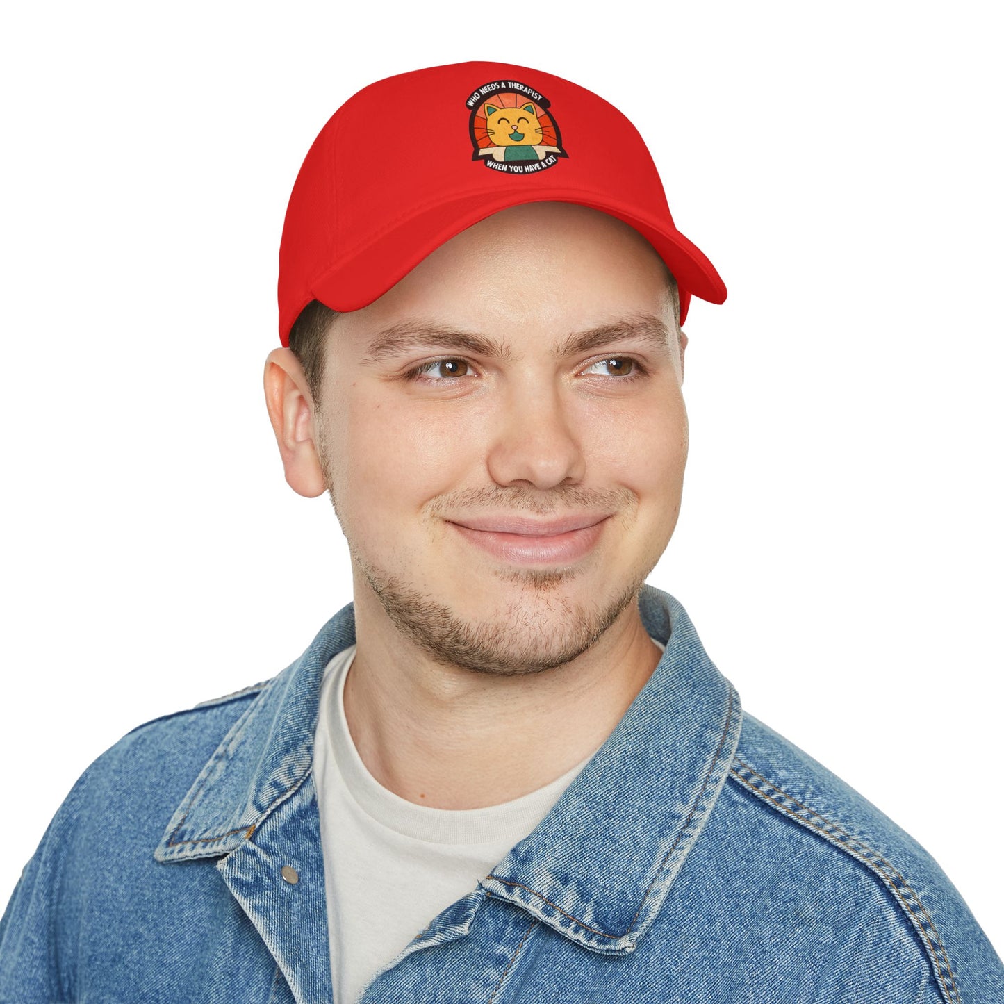 Who Needs a Therapist Cat Baseball Cap | Fun Red Low Profile Hat