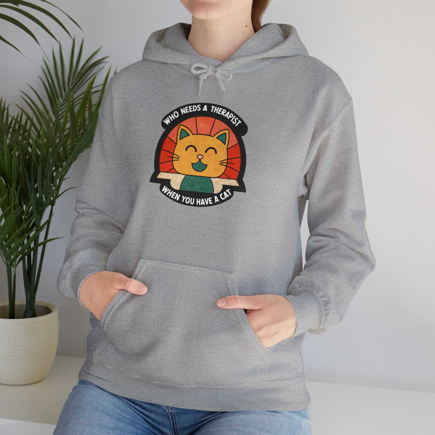 Funny Cat Sweatshirt - 'Who Needs a Therapist When You Have a Cat?' Unisex Hoodie