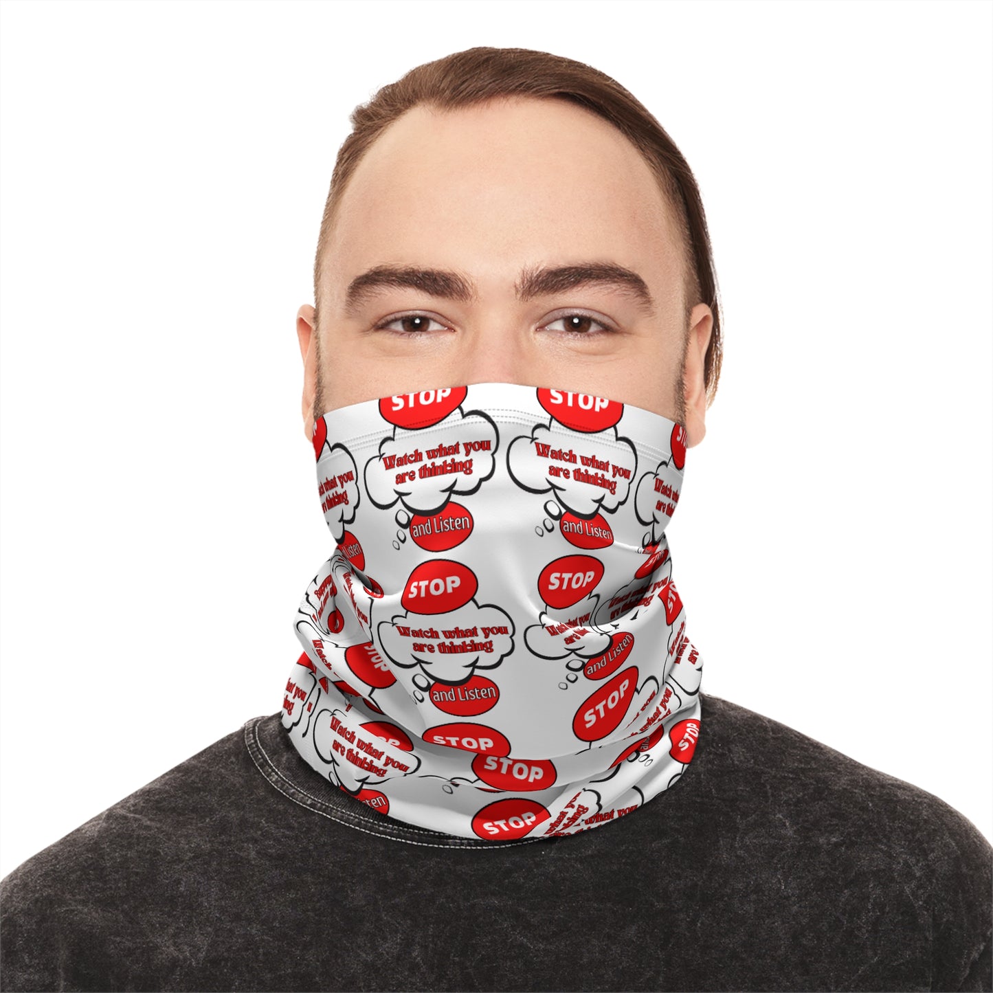 Fun Winter Neck Gaiter with Drawstring - 'Stop' Pattern for Warmth and Style