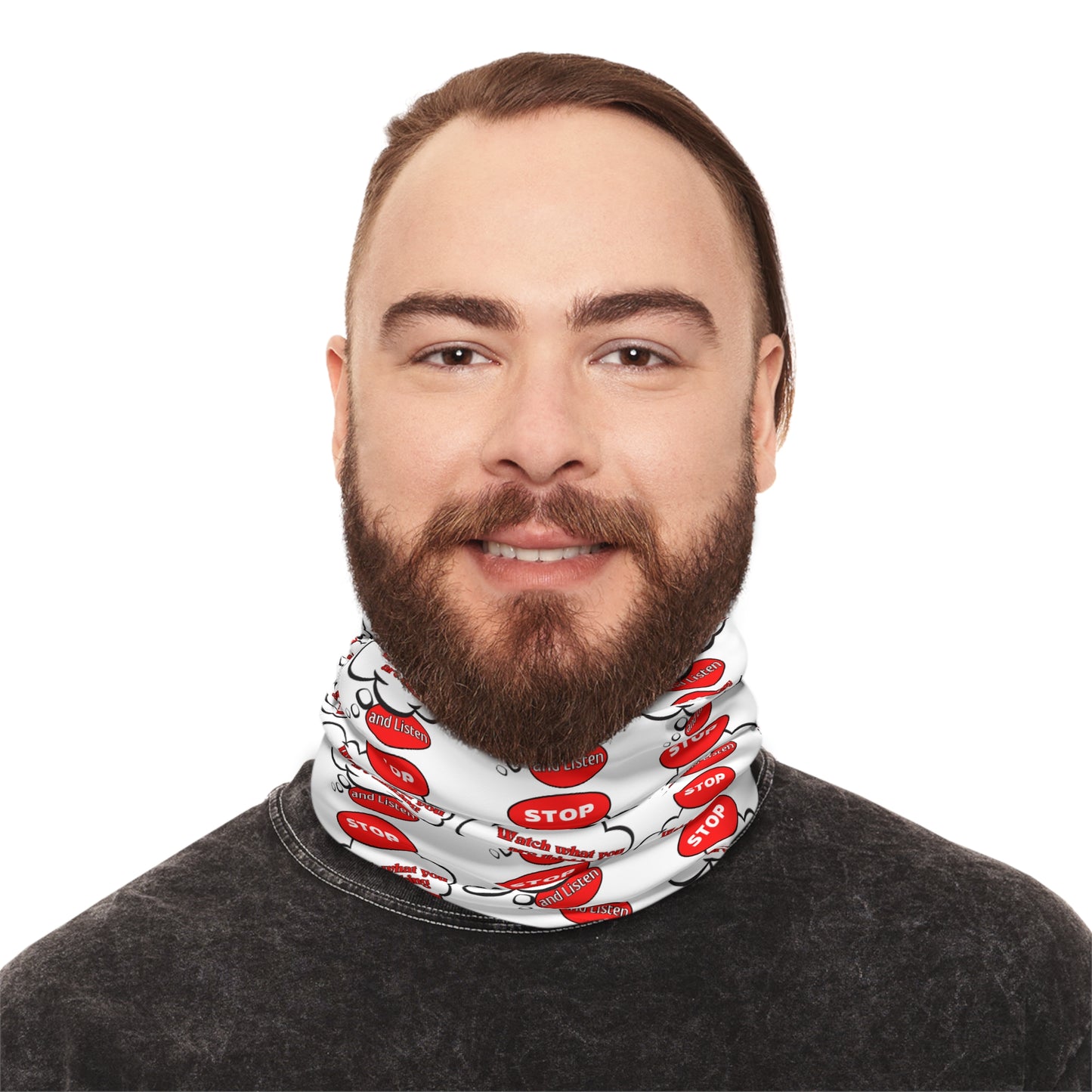 Fun Winter Neck Gaiter with Drawstring - 'Stop' Pattern for Warmth and Style