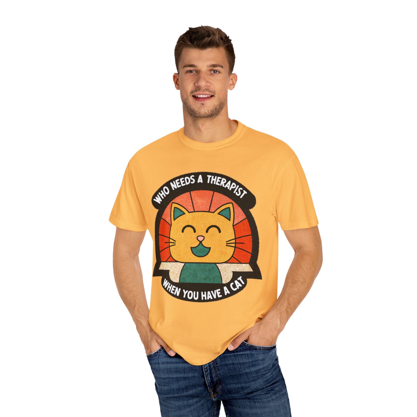 Who Needs a Therapist Cat T-Shirt - Unisex Garment-Dyed Tee for Cat Lovers