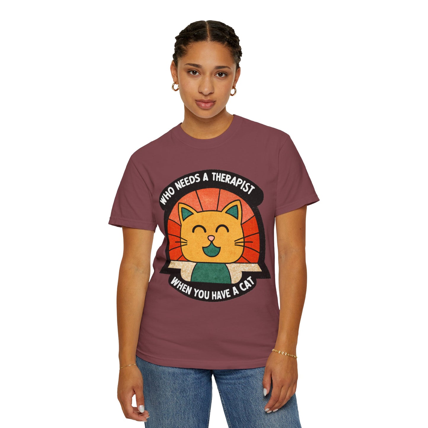 Who Needs a Therapist Cat T-Shirt - Unisex Garment-Dyed Tee for Cat Lovers