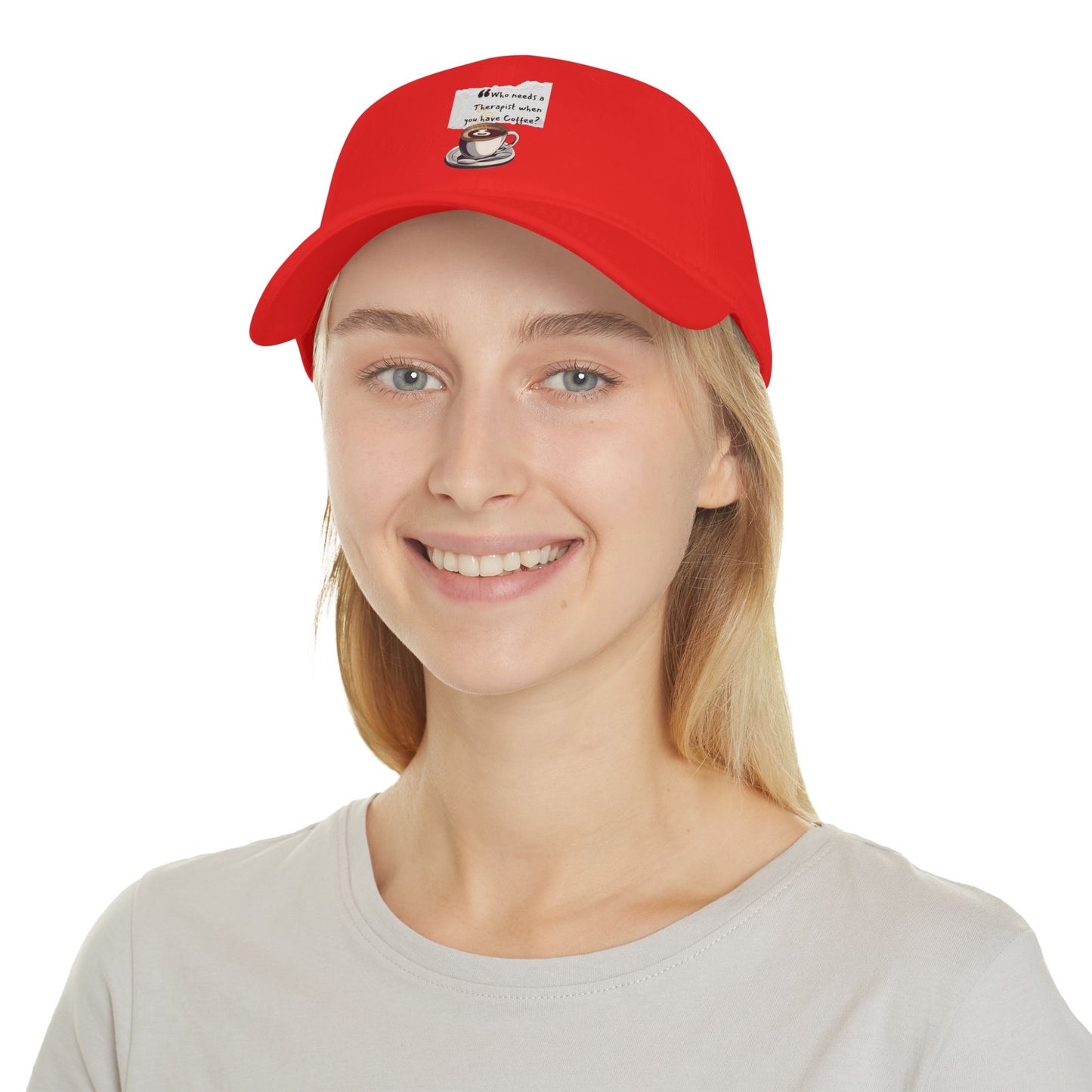 Coffee Lover's Low Profile Baseball Cap - 'Who Needs a Therapist?' Red Hat