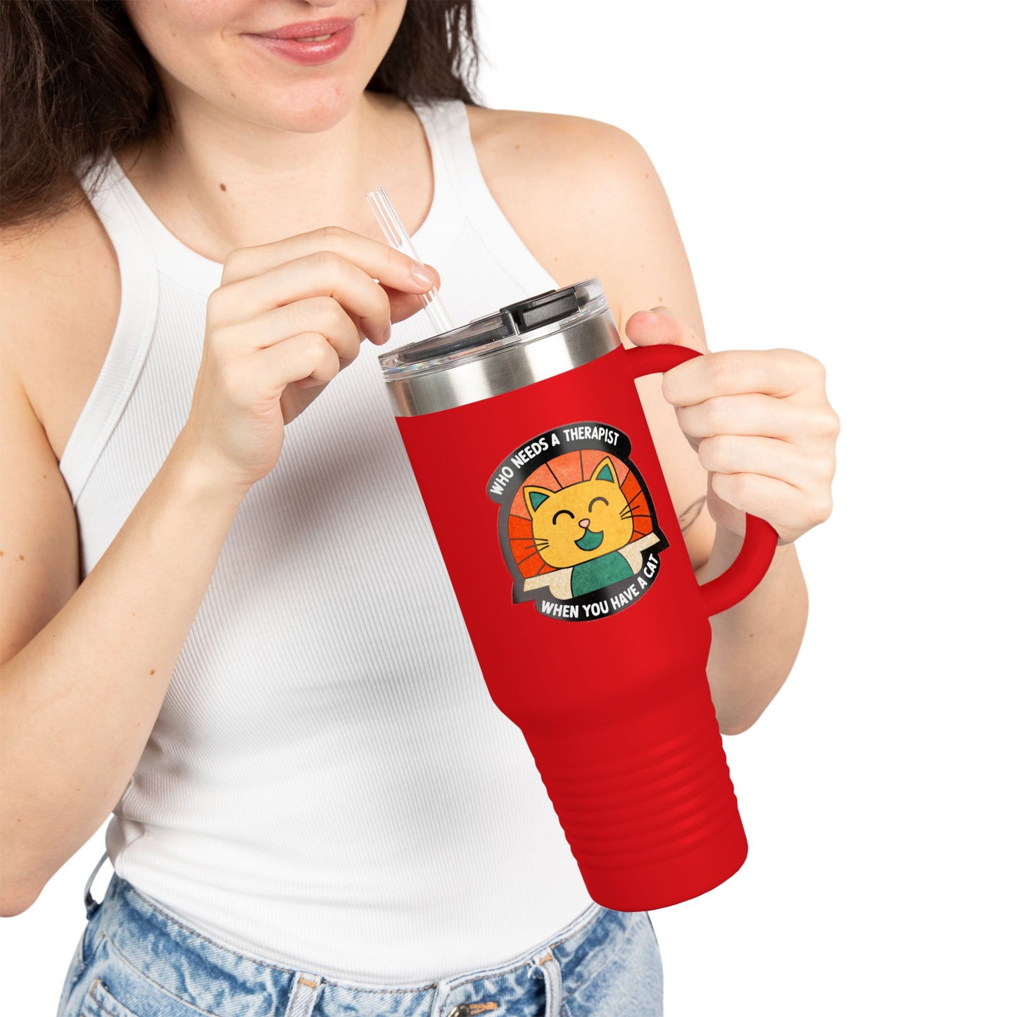 Cat Lover Insulated Travel Mug - 40oz "Who Needs a Therapist" Design