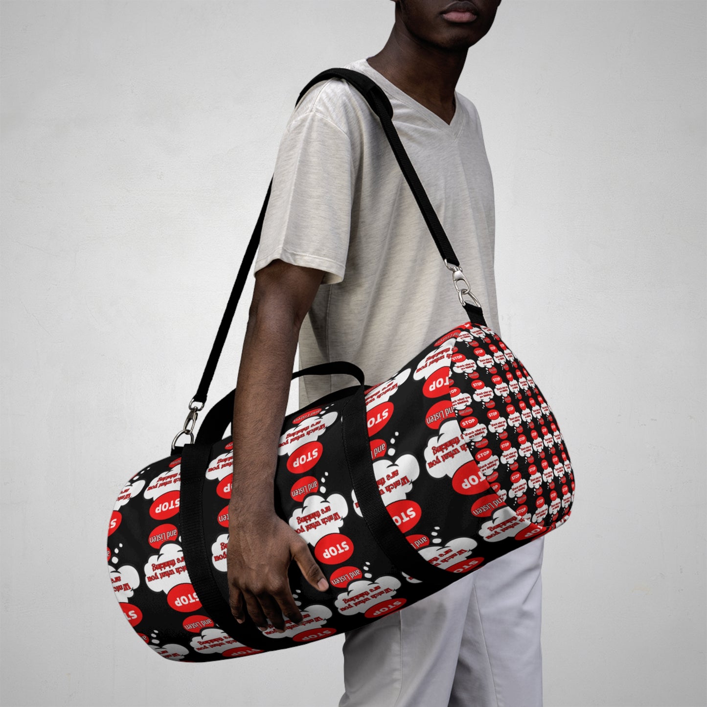 Motivational Duffel Bag - "Stop and Listen" Gym Bag with Graphic Design
