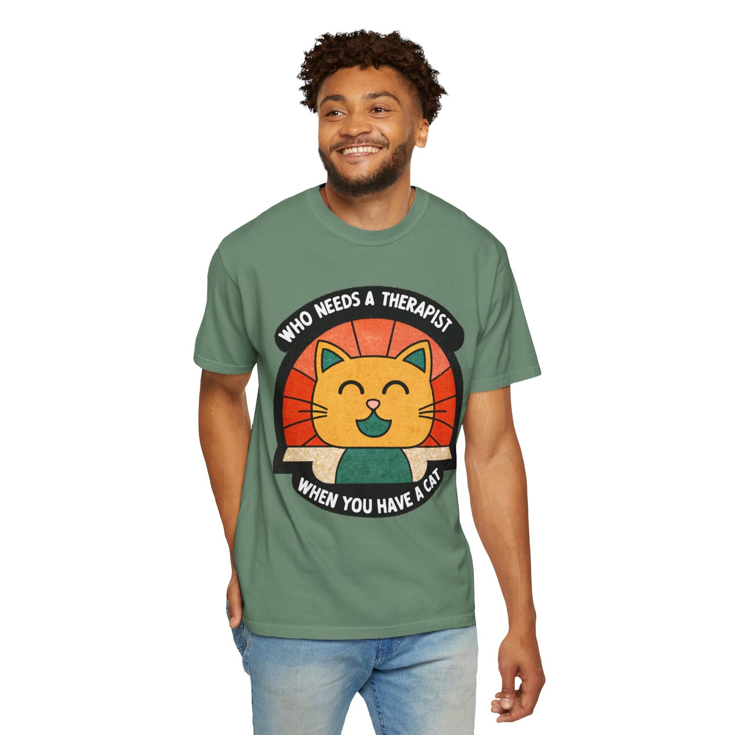 Who Needs a Therapist Cat T-Shirt - Unisex Garment-Dyed Tee for Cat Lovers