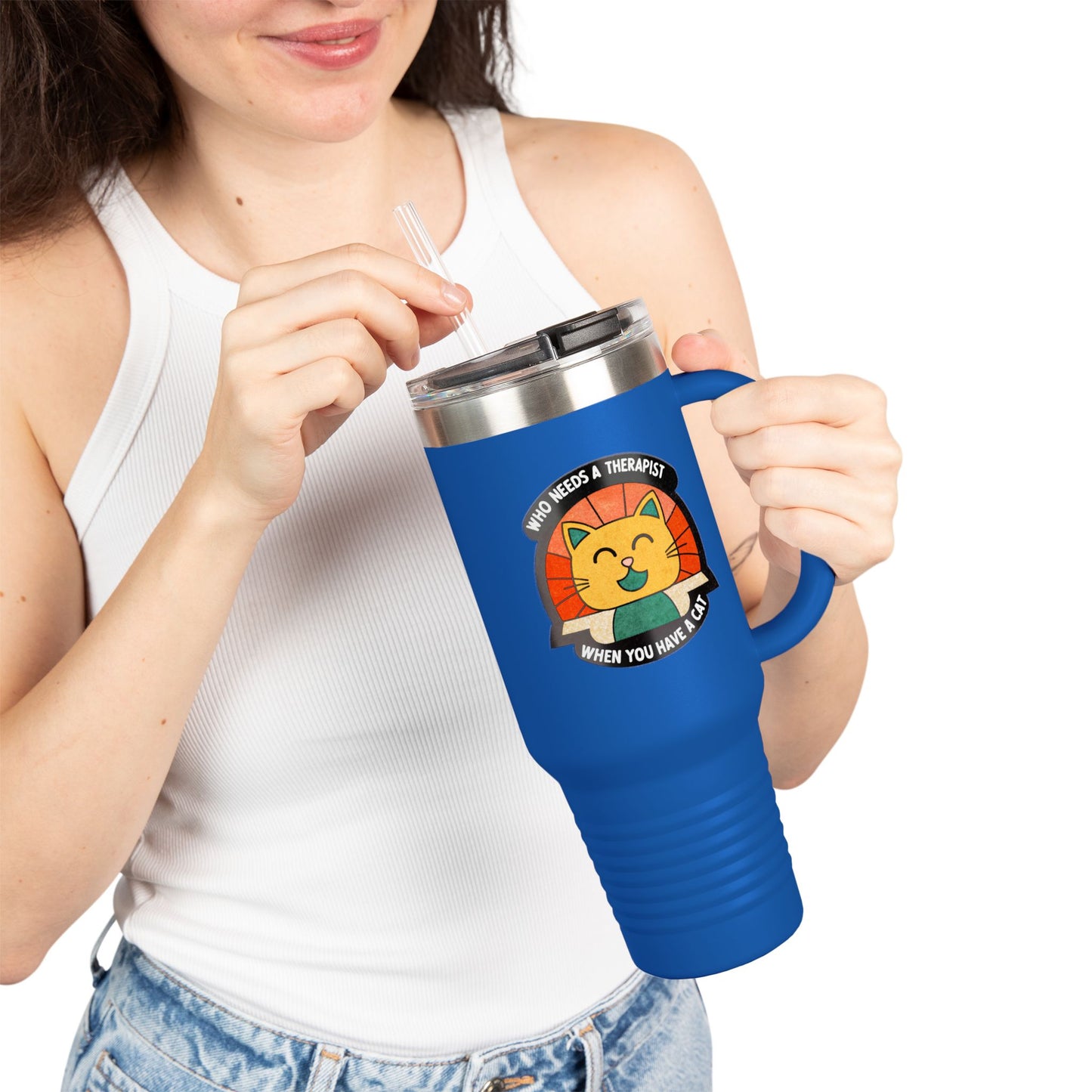 Cat Lover Insulated Travel Mug - 40oz "Who Needs a Therapist" Design