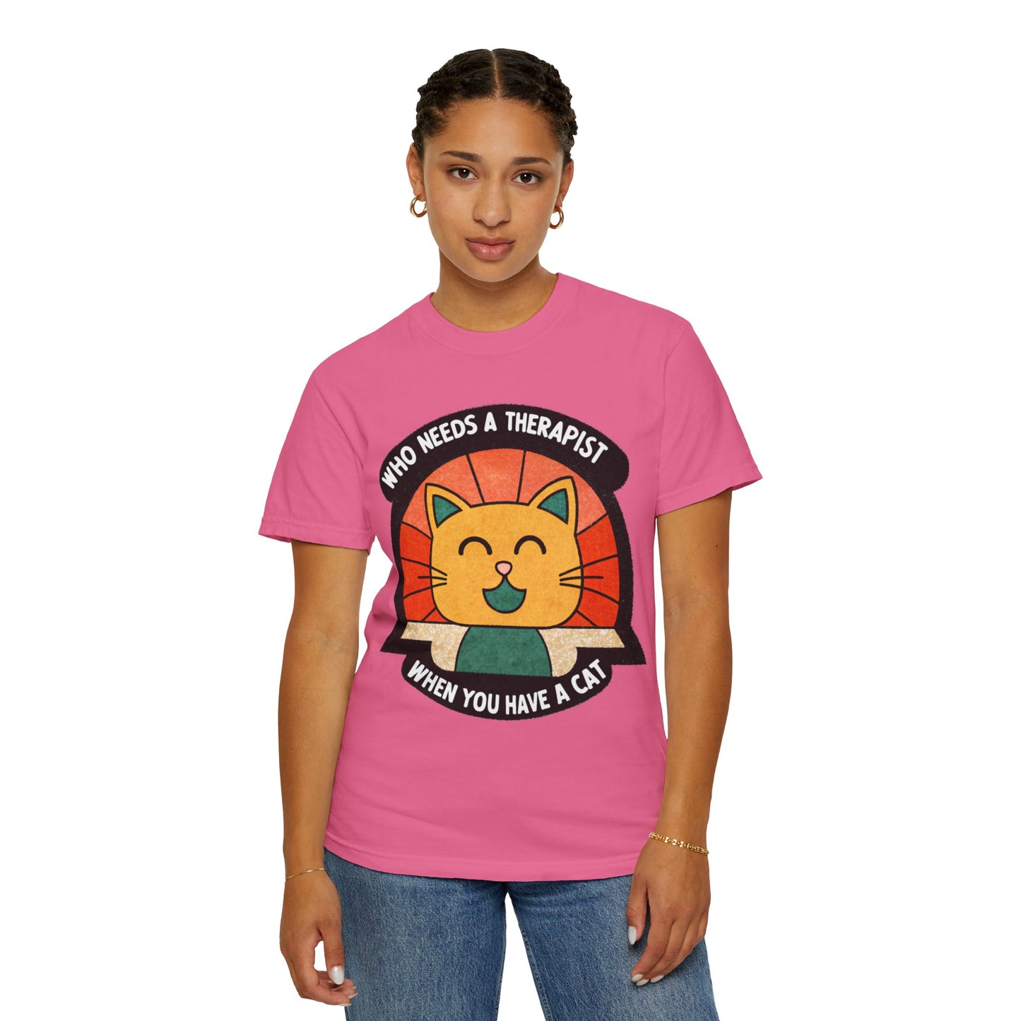 Who Needs a Therapist Cat T-Shirt - Unisex Garment-Dyed Tee for Cat Lovers