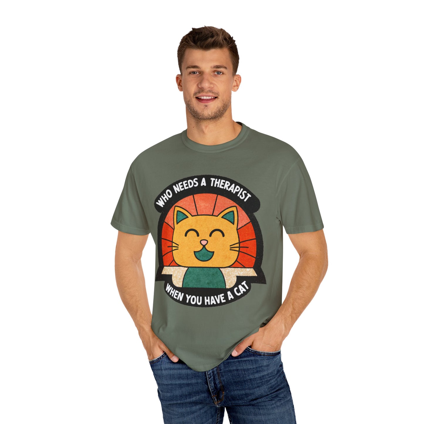 Who Needs a Therapist Cat T-Shirt - Unisex Garment-Dyed Tee for Cat Lovers