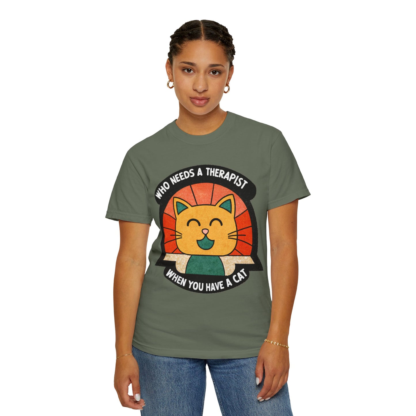 Who Needs a Therapist Cat T-Shirt - Unisex Garment-Dyed Tee for Cat Lovers