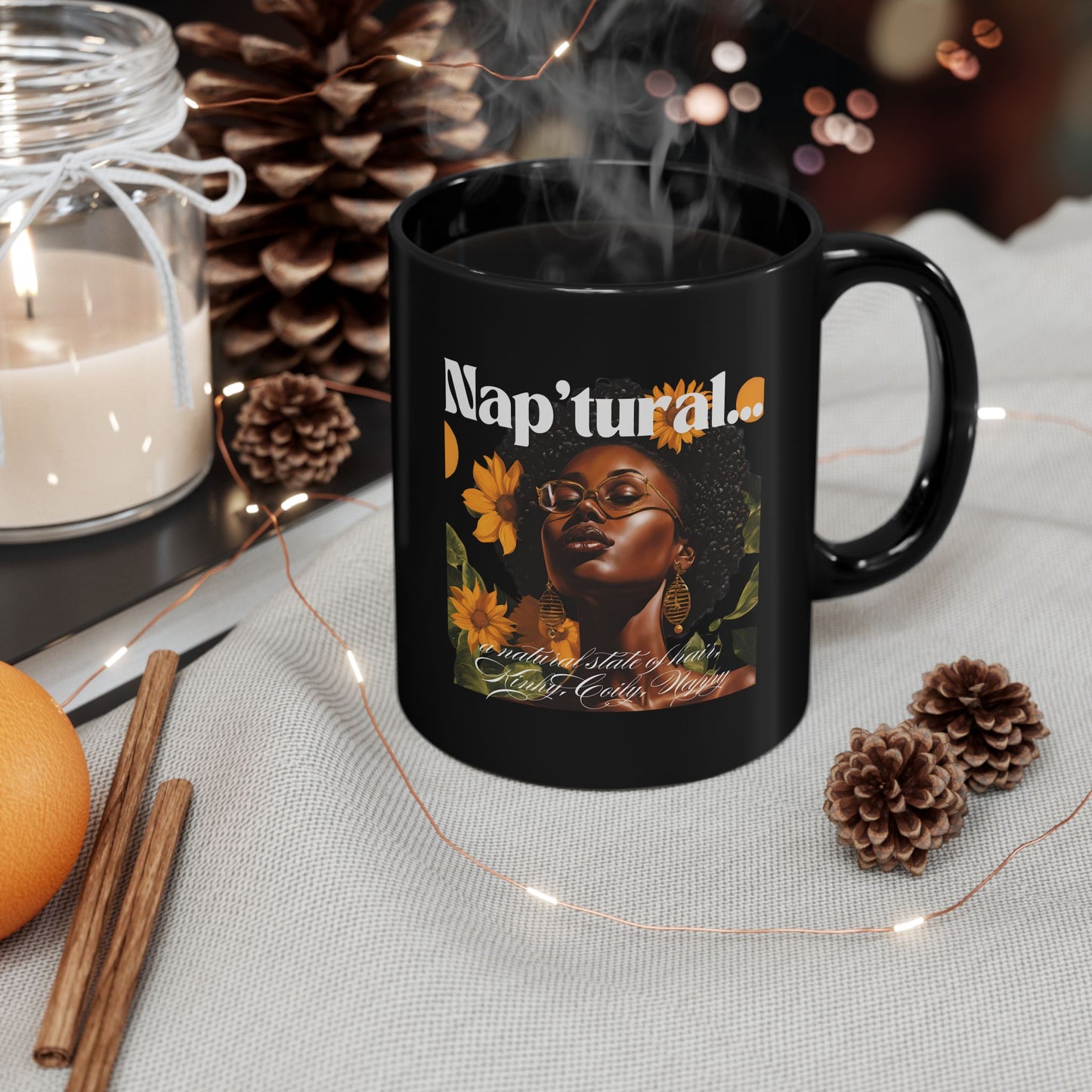 Natural Beauty Black Mug - Inspirational Coffee Cup for Self-Care Enthusiasts
