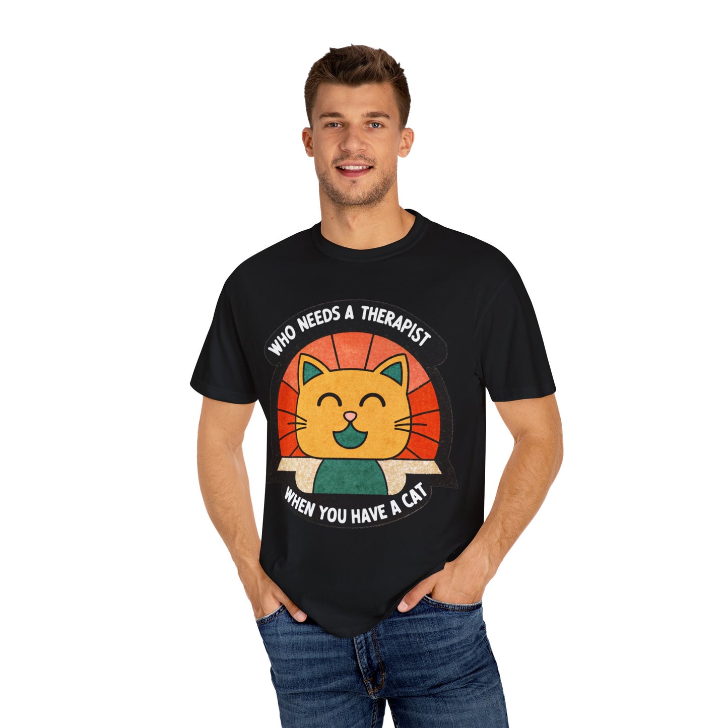 Who Needs a Therapist Cat T-Shirt - Unisex Garment-Dyed Tee for Cat Lovers