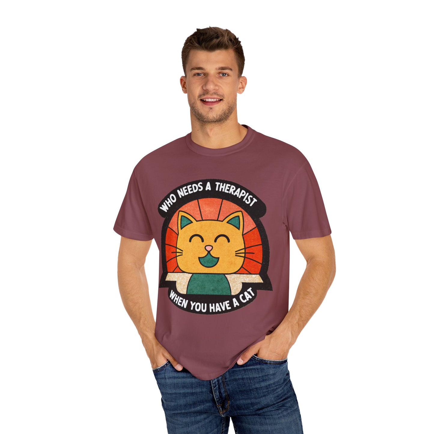 Who Needs a Therapist Cat T-Shirt - Unisex Garment-Dyed Tee for Cat Lovers