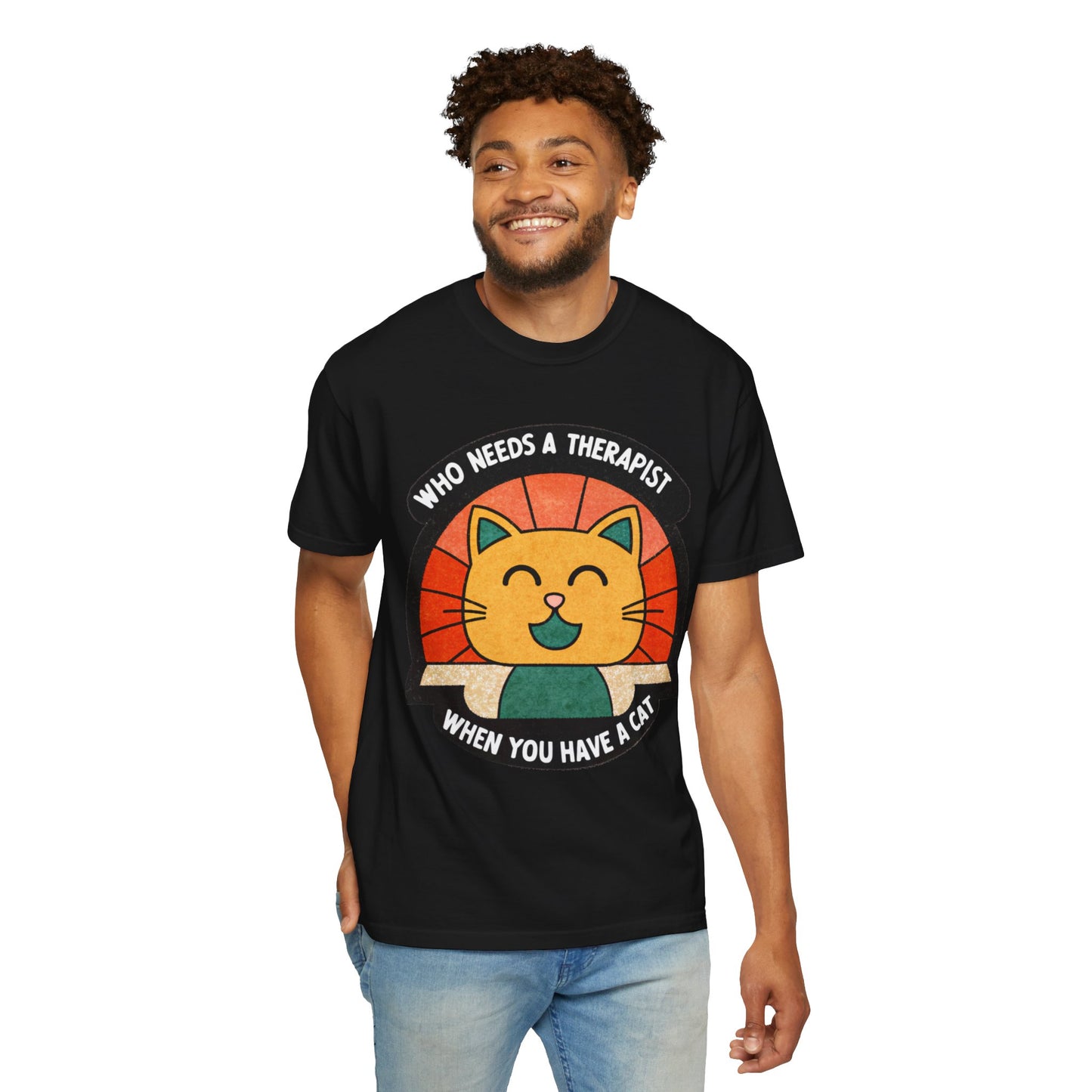 Who Needs a Therapist Cat T-Shirt - Unisex Garment-Dyed Tee for Cat Lovers