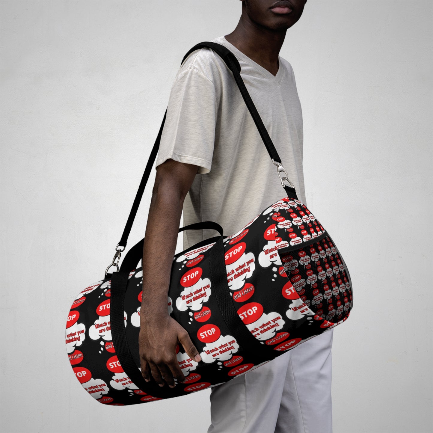 Motivational Duffel Bag - "Stop and Listen" Gym Bag with Graphic Design