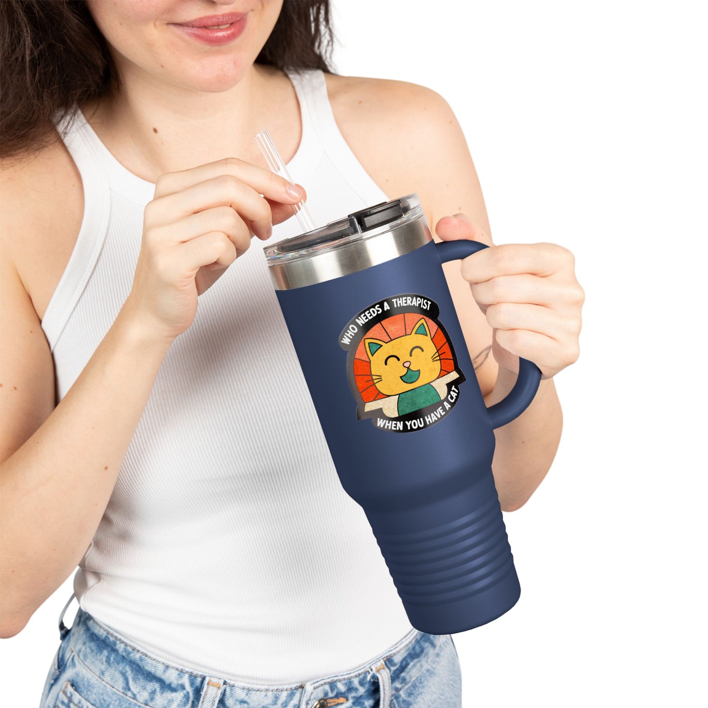 Cat Lover Insulated Travel Mug - 40oz "Who Needs a Therapist" Design