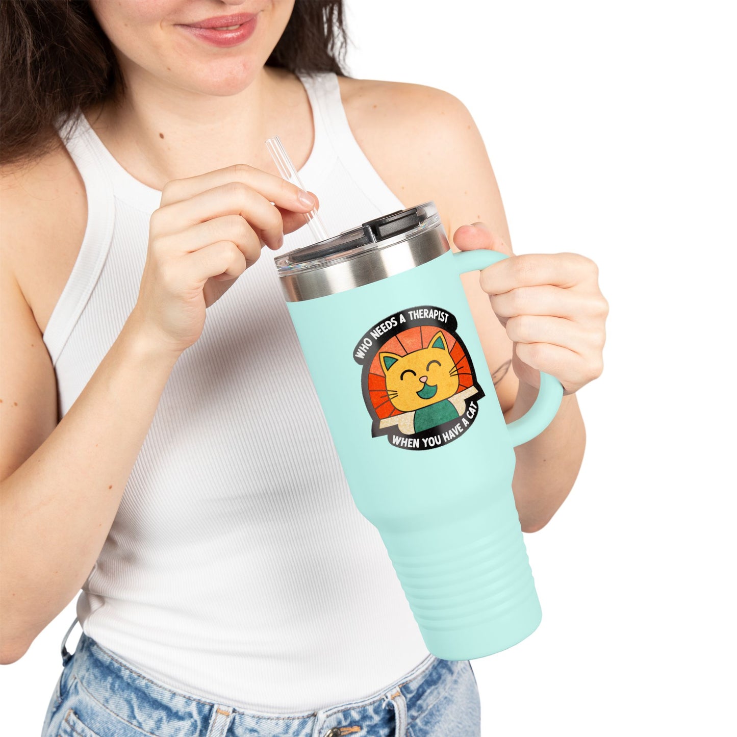 Cat Lover Insulated Travel Mug - 40oz "Who Needs a Therapist" Design