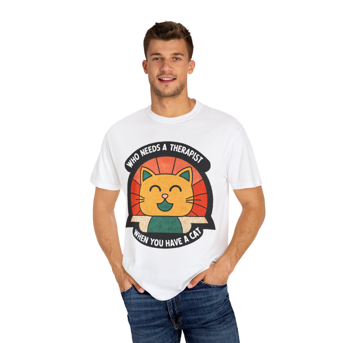 Who Needs a Therapist Cat T-Shirt - Unisex Garment-Dyed Tee for Cat Lovers