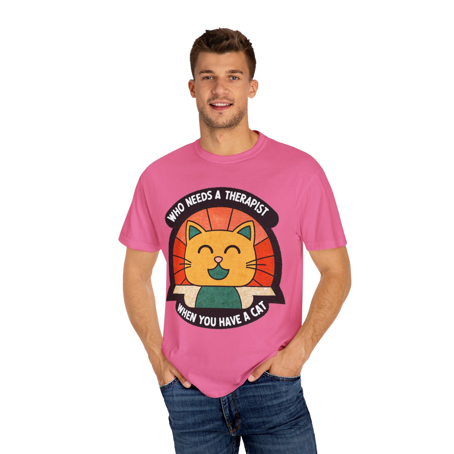 Who Needs a Therapist Cat T-Shirt - Unisex Garment-Dyed Tee for Cat Lovers