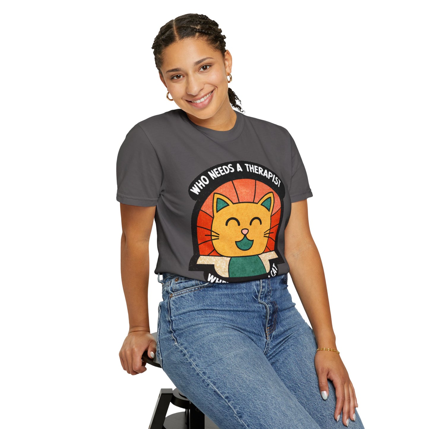 Who Needs a Therapist Cat T-Shirt - Unisex Garment-Dyed Tee for Cat Lovers