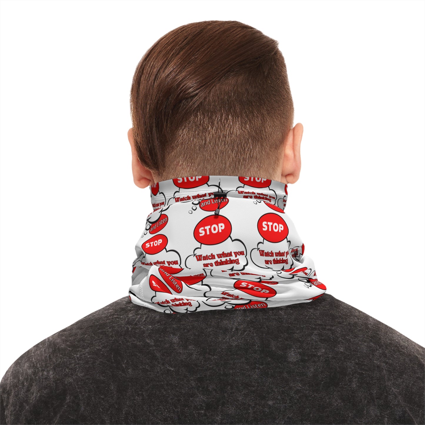 Fun Winter Neck Gaiter with Drawstring - 'Stop' Pattern for Warmth and Style