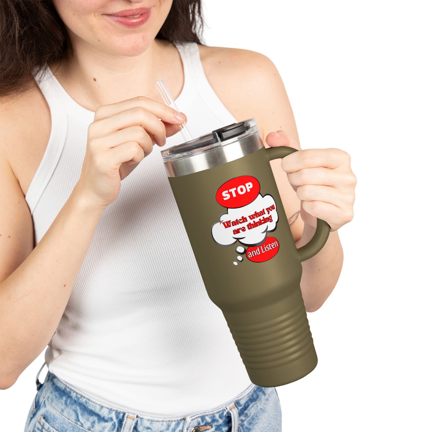 Stop and Listen Insulated Travel Mug - 40oz Motivational Tumbler for On-the-Go