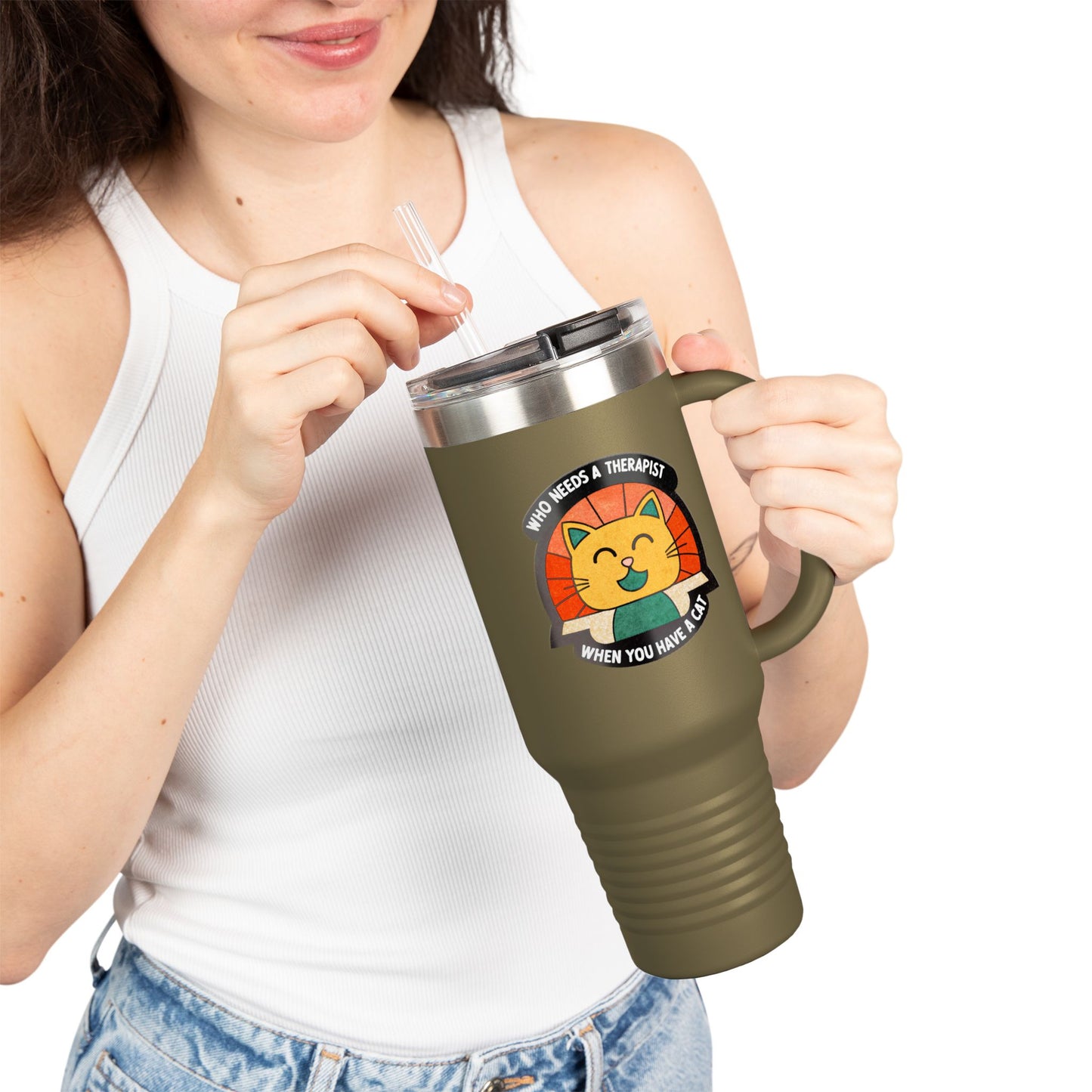 Cat Lover Insulated Travel Mug - 40oz "Who Needs a Therapist" Design