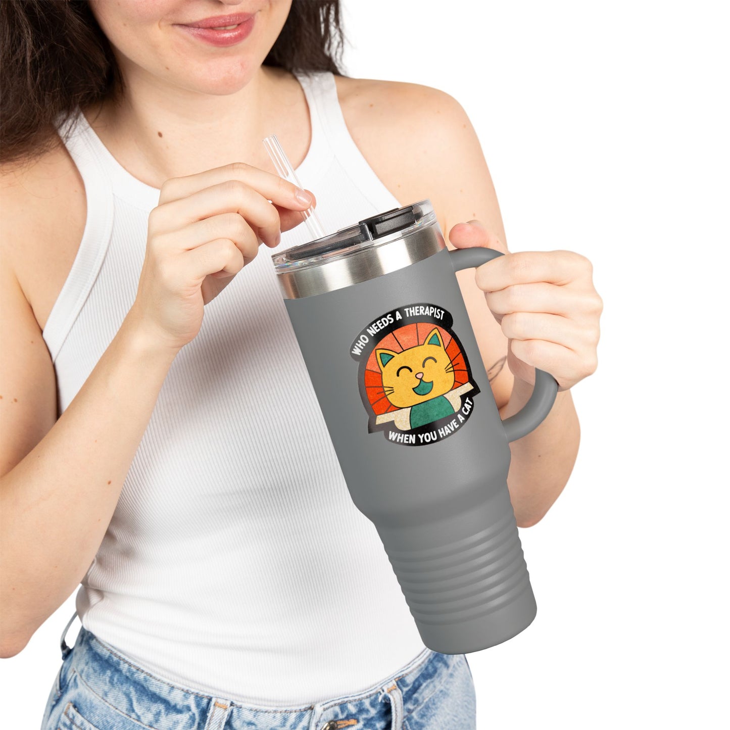 Cat Lover Insulated Travel Mug - 40oz "Who Needs a Therapist" Design