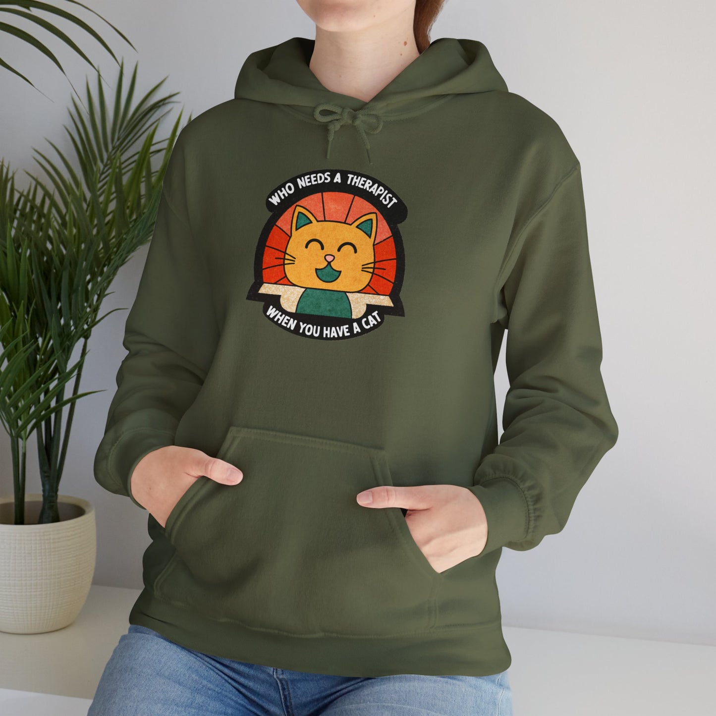 Funny Cat Sweatshirt - 'Who Needs a Therapist When You Have a Cat?' Unisex Hoodie